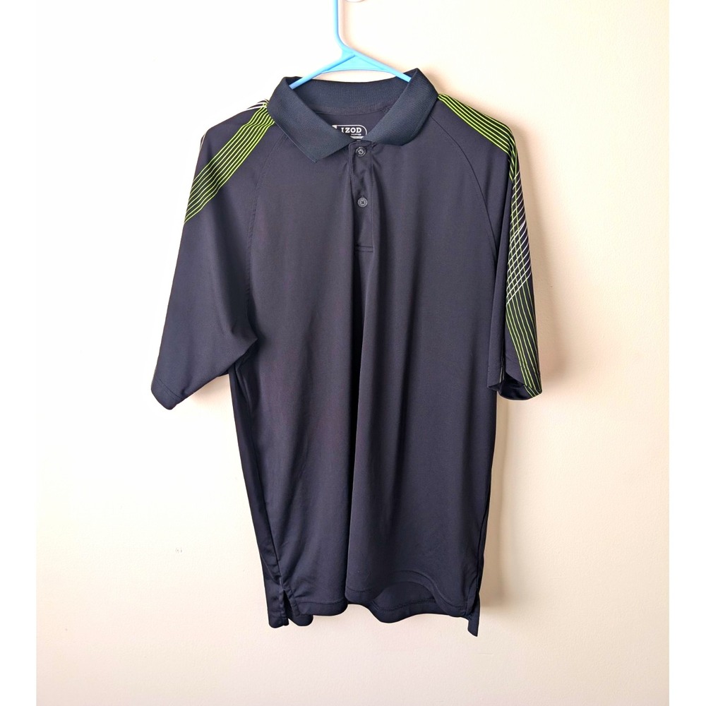 IZOD XFG Cool FX Polo Shirt Mens L Black Green Striped Short Sleeve Golf